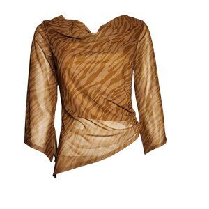 NWT FOREVER 21 Brown Animal Print‎ Ruched Mesh Lined Top Womens Size L Large